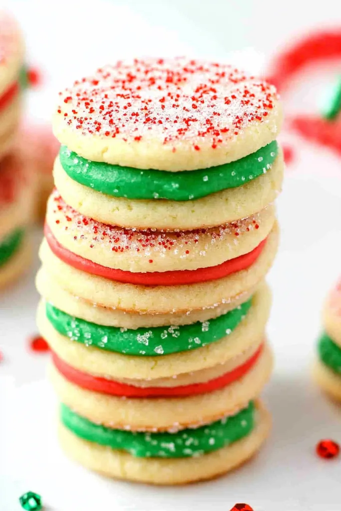 Stack of sandwich cookies with festive sprinkles and bright frosting center.