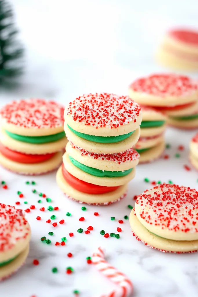 Arrangement of sandwich cookies highlighting vibrant colors and textured sprinkles.