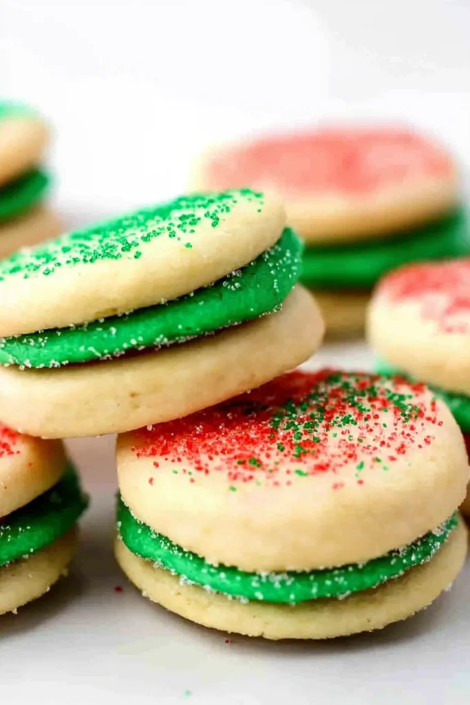 Close-up of sugar cookies layered with green filling and redโgreen sugar topping.