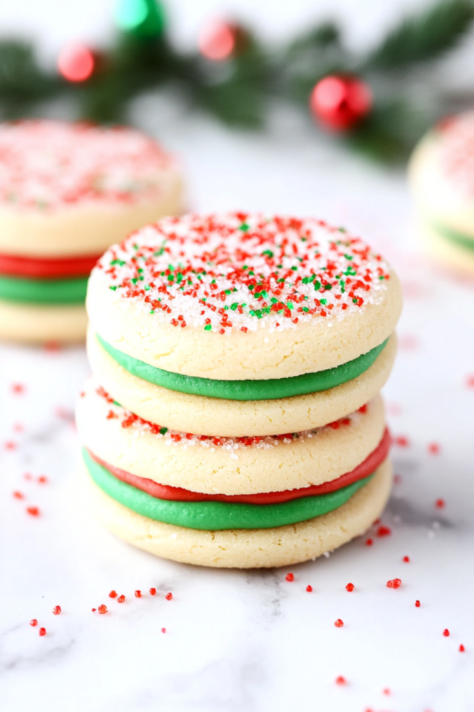 Two round cookies pressed together with frosting, decorated for a festive look.