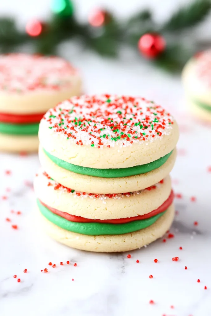 Two round cookies pressed together with frosting, decorated for a festive look.