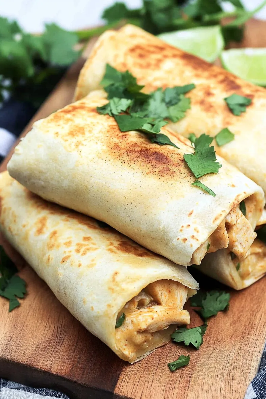 Cheesy chicken filling spilling from toasted tortilla wraps