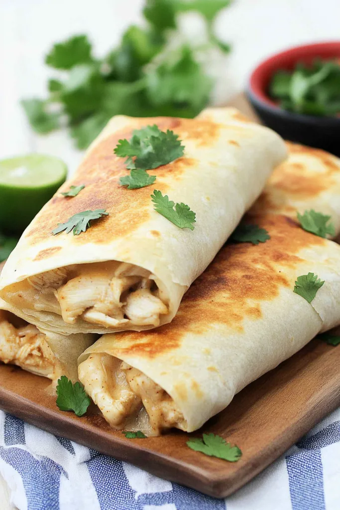 Crispy baked chimichangas on a wooden board with garnish