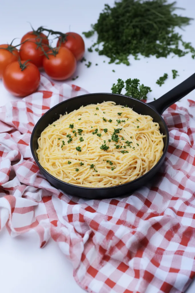 Final plated shot of Creamy Garlic Pasta, smooth and comforting