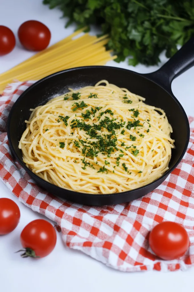 Creamy noodles served in a pan on a checkered cloth
