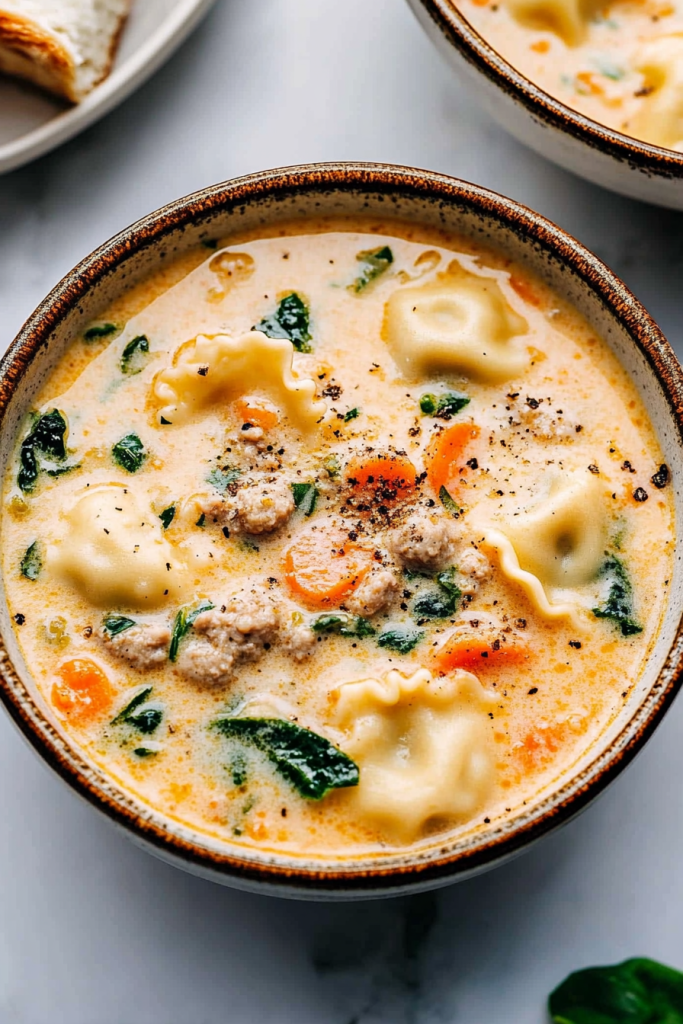 Hearty homemade pasta soup with creamy broth, ravioli, savory sausage, and leafy greens