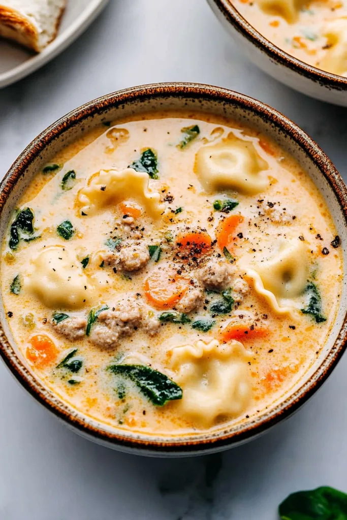 Hearty homemade pasta soup with creamy broth, ravioli, savory sausage, and leafy greens