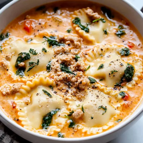 Warm and comforting soup with ravioli, Italian sausage, and herbs served in a white bowl