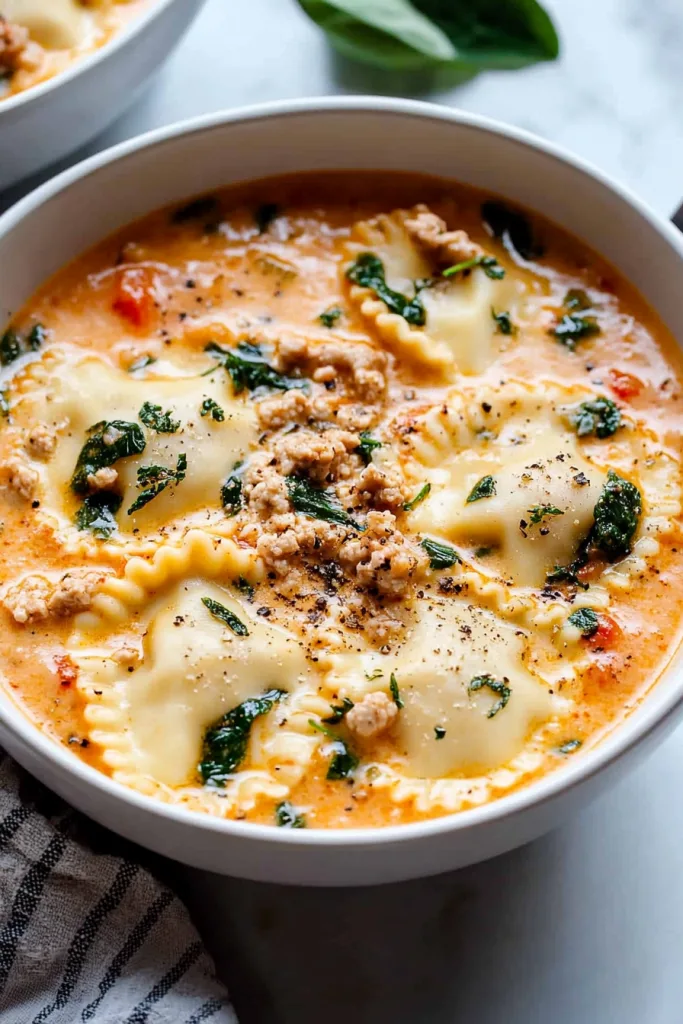 Warm and comforting soup with ravioli, Italian sausage, and herbs served in a white bowl