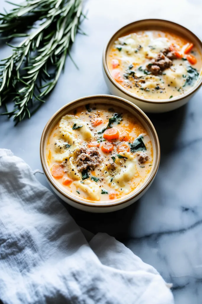 Cheesy ravioli simmered in a velvety tomato cream broth with sausage and fresh spinach