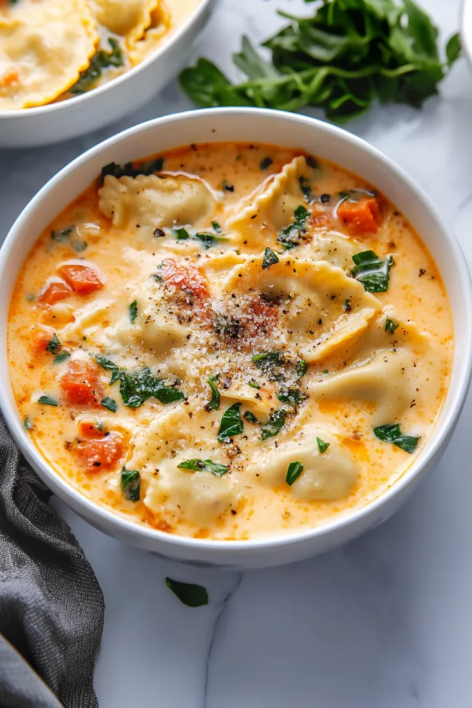 Bowl of creamy ravioli soup with cheese-filled pasta, sausage, and spinach in a rich tomato cream broth