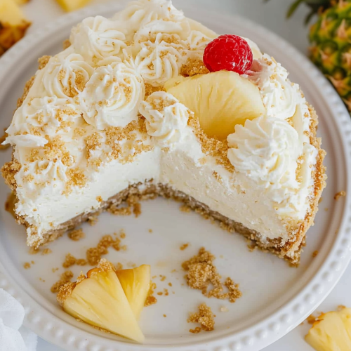 Rich and creamy dessert topped with whipped cream, pineapple slices, and a fresh raspberry