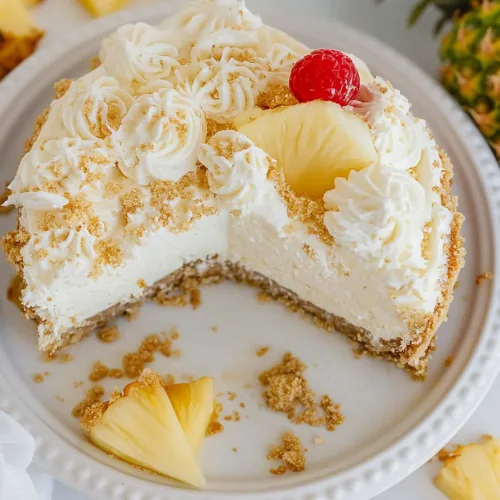 Rich and creamy dessert topped with whipped cream, pineapple slices, and a fresh raspberry