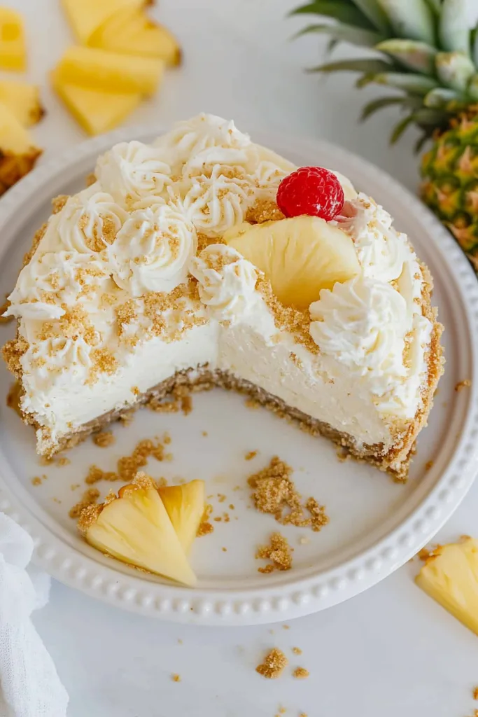 Rich and creamy dessert topped with whipped cream, pineapple slices, and a fresh raspberry