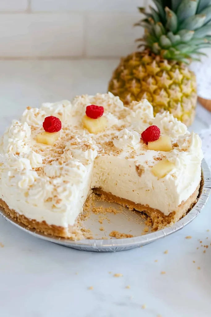 Slice removed from a chilled tropical dessert with a buttery graham cracker crust
