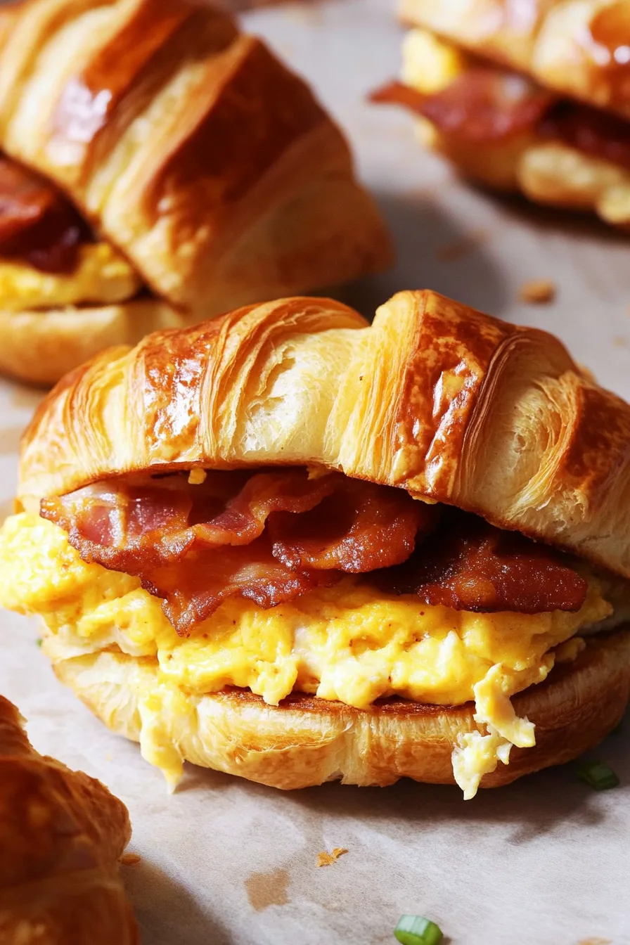 Croissant breakfast sandwich highlighting the contrast of soft eggs and crunchy bacon