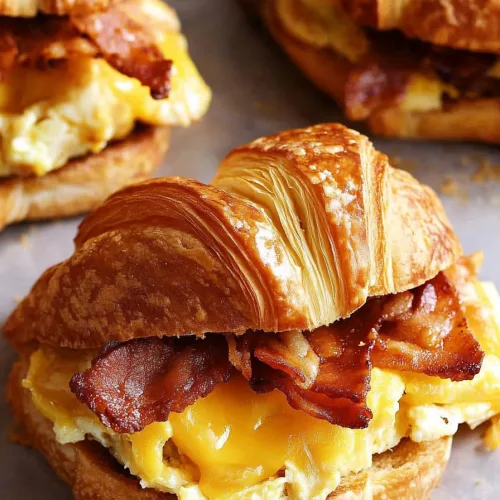 Warm croissant stuffed with creamy eggs and bacon strips on parchment paper
