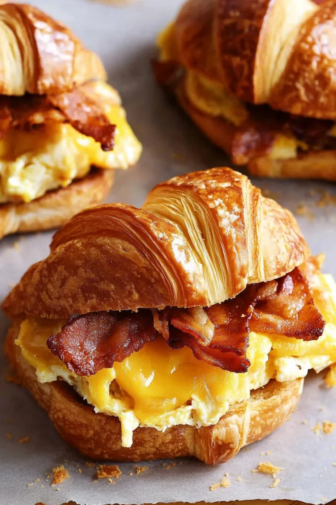 Warm croissant stuffed with creamy eggs and bacon strips on parchment paper