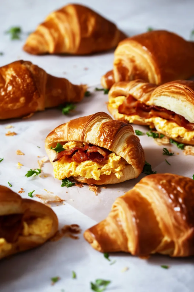 Flaky golden croissant filled with scrambled eggs and crispy bacon
