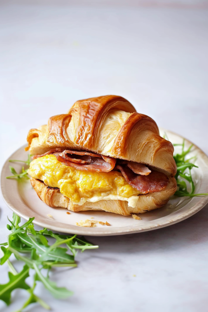 Golden-brown croissant with eggs and bacon, served as a hearty morning meal