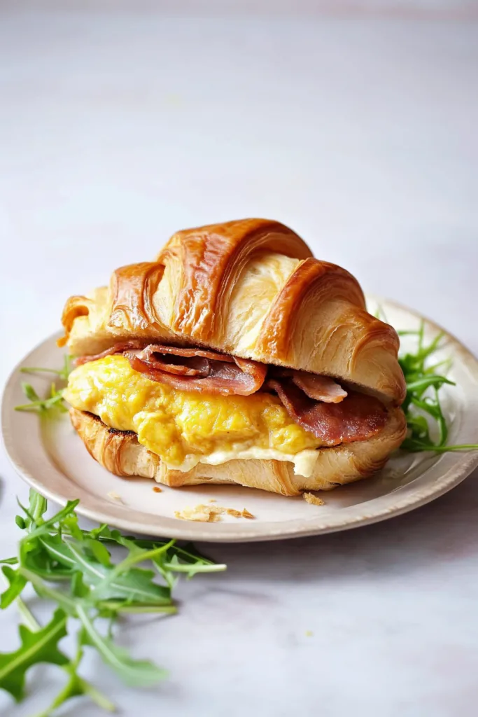 Golden-brown croissant with eggs and bacon, served as a hearty morning meal