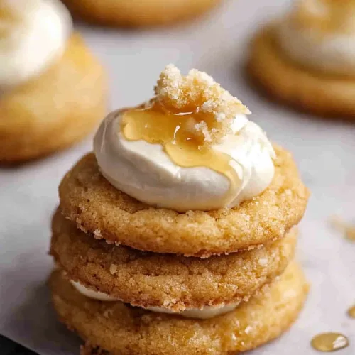 Stack of golden cookies layered with frosting and topped with a drizzle of syrup.