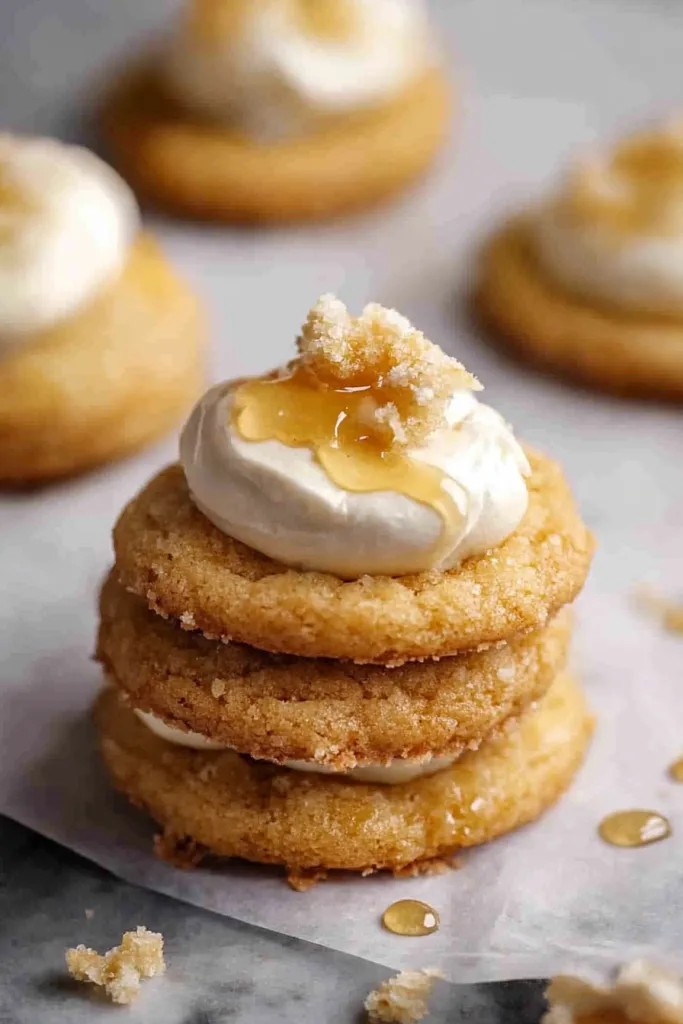 Stack of golden cookies layered with frosting and topped with a drizzle of syrup.
