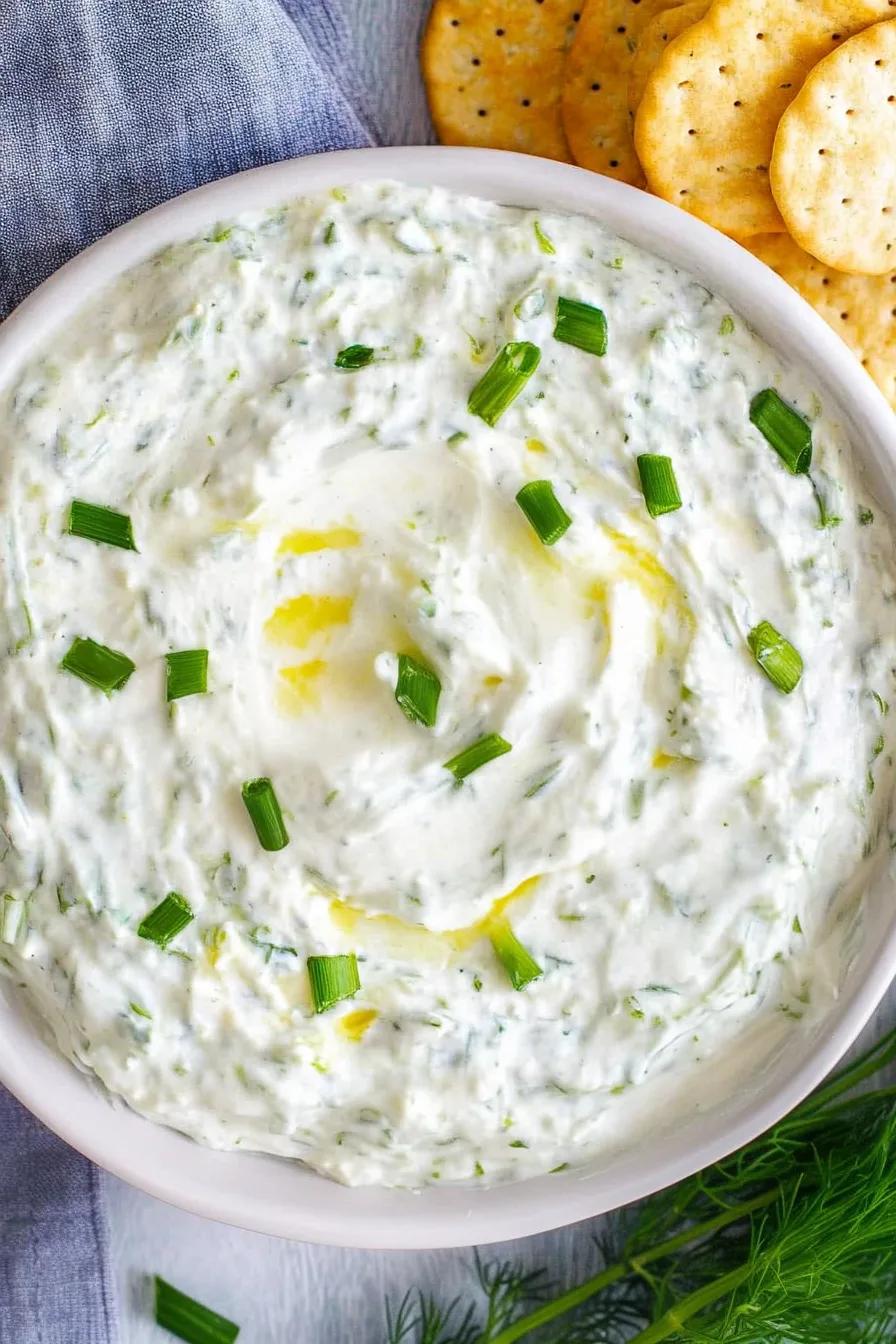 Close-up of creamy dip highlighting fresh herbs and glossy texture.