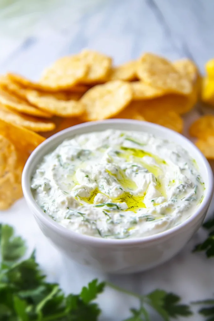 Creamy herb dip in a bowl with parsley garnish and olive oil drizzle.