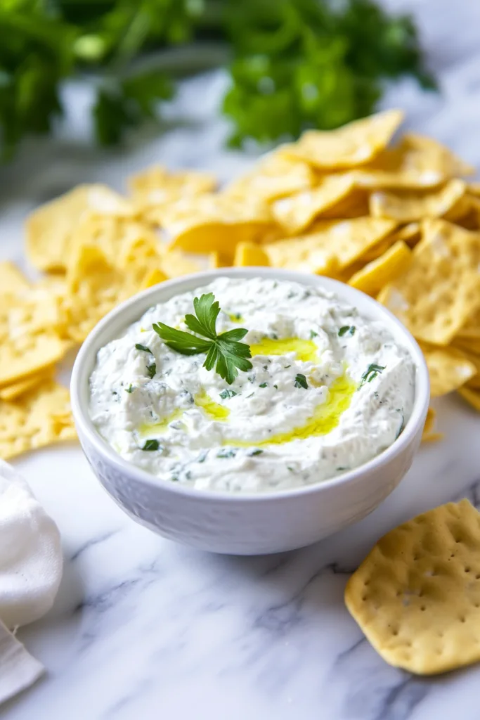 Smooth dip surrounded by golden tortilla chips and crackers on marble surface.