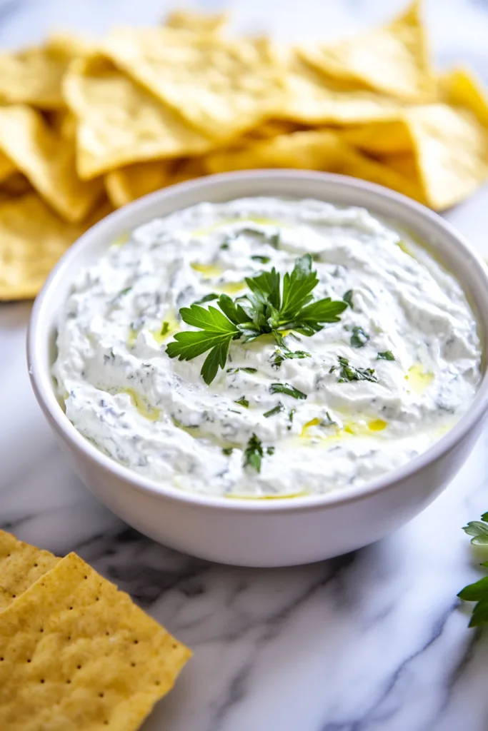 Snack platter featuring crunchy chips paired with creamy dip.