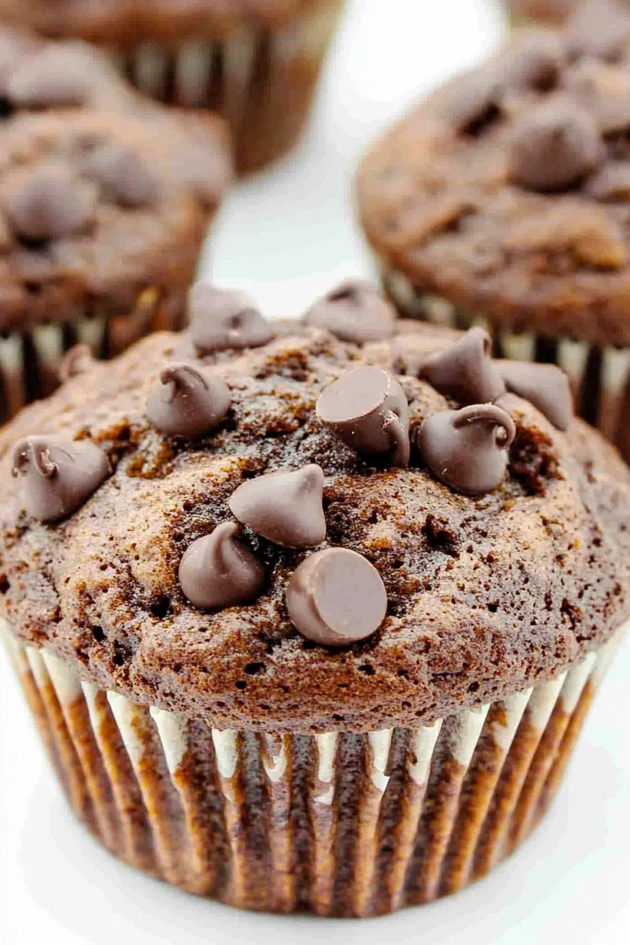 Single muffin in focus with deep brown color and shiny chocolate pieces.