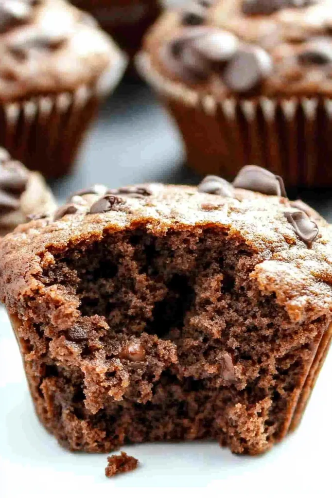 Muffin with a bite taken out, showing moist chocolate crumb and melted chips.