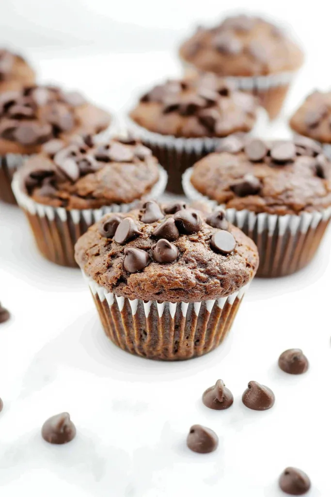 Freshly baked muffin showing dark crumb and melted chocolate detail.