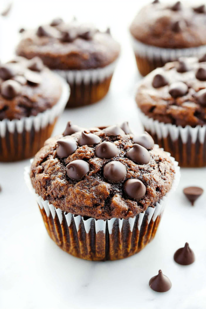 Dark Chocolate Banana Muffin with soft interior and chip-studded surface.