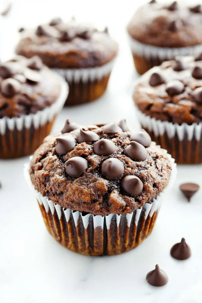 Dark Chocolate Banana Muffin with soft interior and chip-studded surface.
