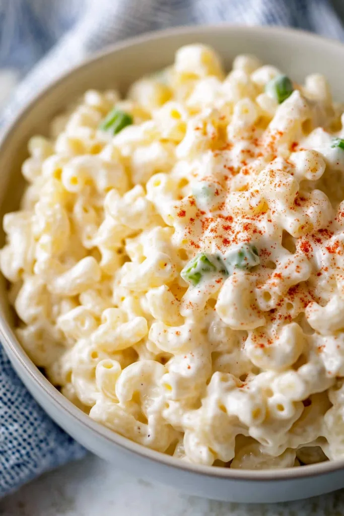 A serving of macaroni salad with crisp vegetables and smooth mayonnaise-based dressing.