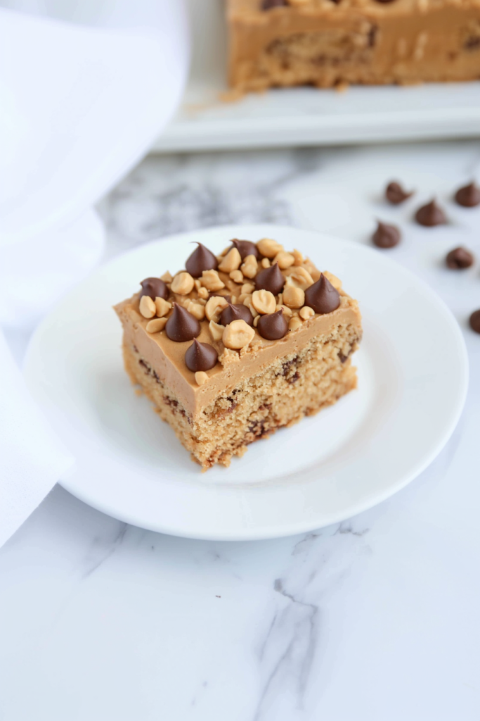 White plate holding a thick blondie-style slice with chocolate chip topping.