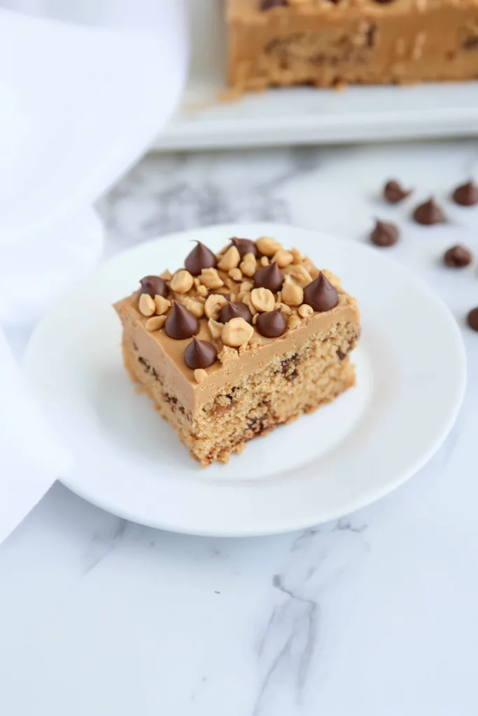 White plate holding a thick blondie-style slice with chocolate chip topping.