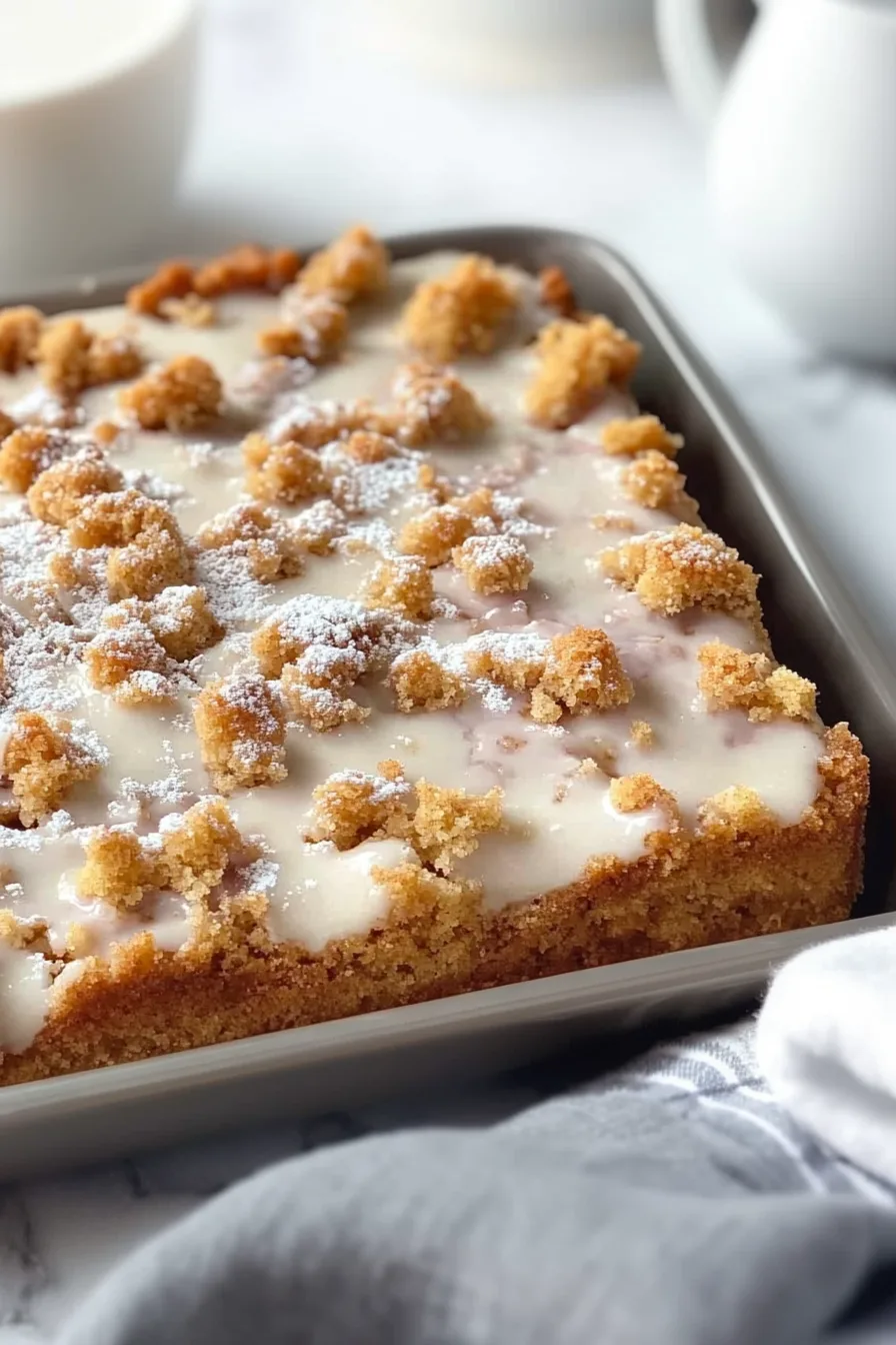Close-up of moist crumb cake with a buttery topping and light glaze catching the soft light.