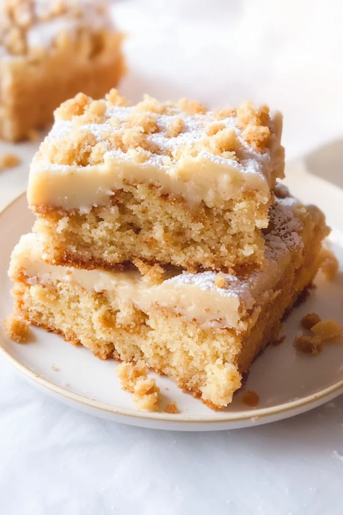 Two pieces of crumb cake with golden crust and sugar dust, emphasizing the rich texture.