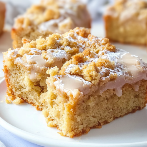Slice of crumb cake on a white plate, highlighting the tender crumb and sweet icing drizzle.