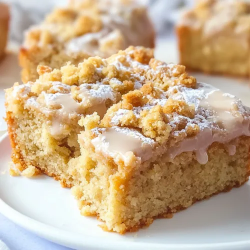 Slice of crumb cake on a white plate, highlighting the tender crumb and sweet icing drizzle.