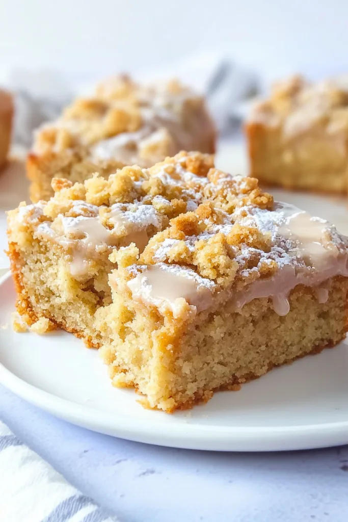 Slice of crumb cake on a white plate, highlighting the tender crumb and sweet icing drizzle.