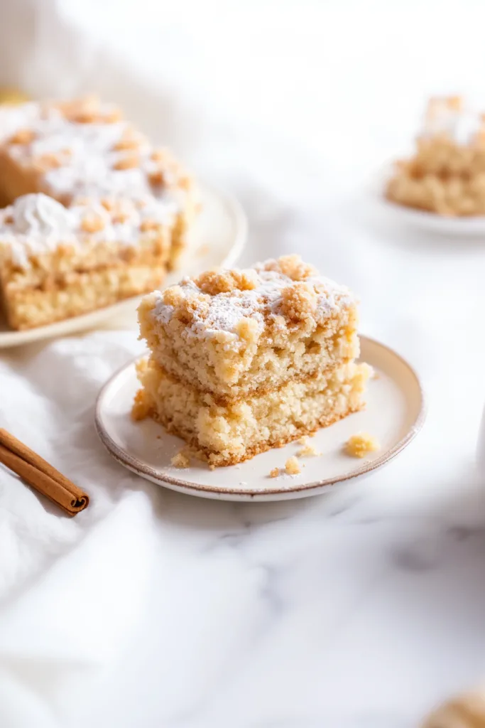 Golden crumb cake squares stacked on a plate, dusted with powdered sugar and showing a creamy layer inside.
