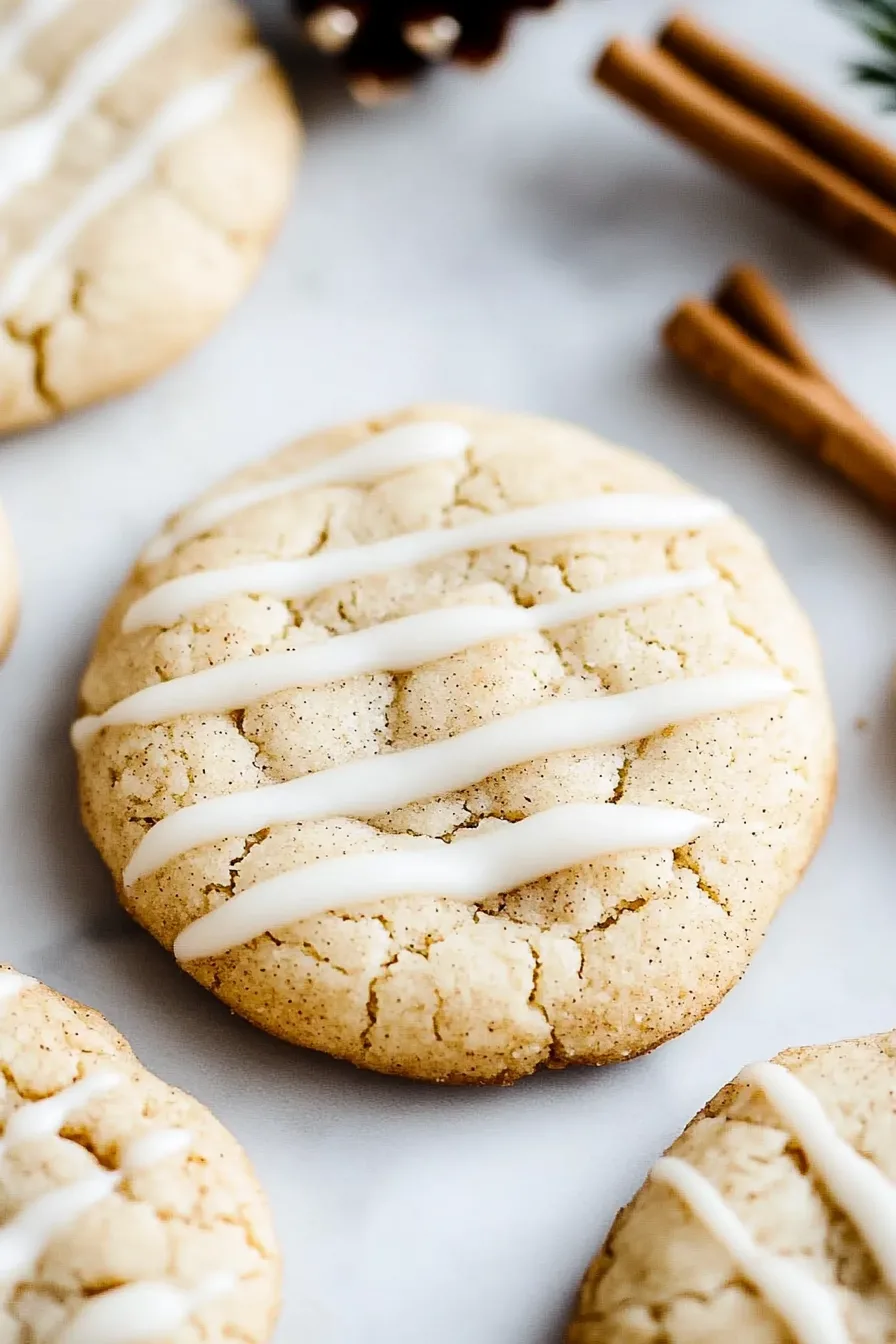 Close-up of soft cookies with cracked tops and a light glaze, highlighting their tender texture.