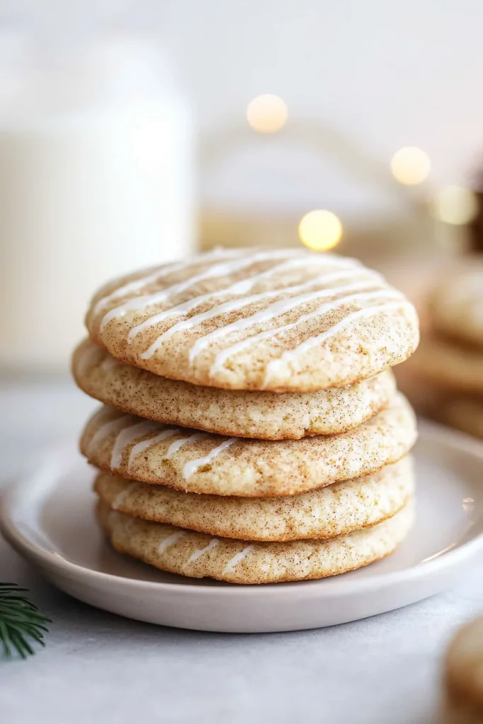 Stack of cookies showing the delicate crumb and sweet icing drizzle under soft candlelight.