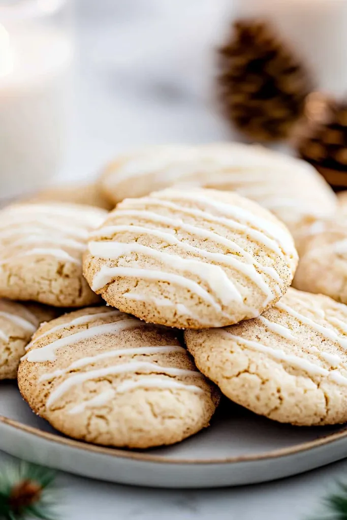 Plate of freshly baked cookies, warm golden color with festive pinecones blurred in the background.