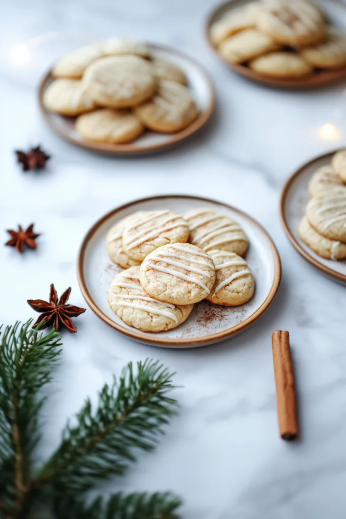 Golden cookies drizzled with white icing, arranged on a plate with a cozy holiday backdrop.