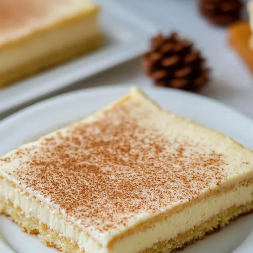 Freshly cut sheet cake served on a white plate, highlighting the soft texture and rich topping.